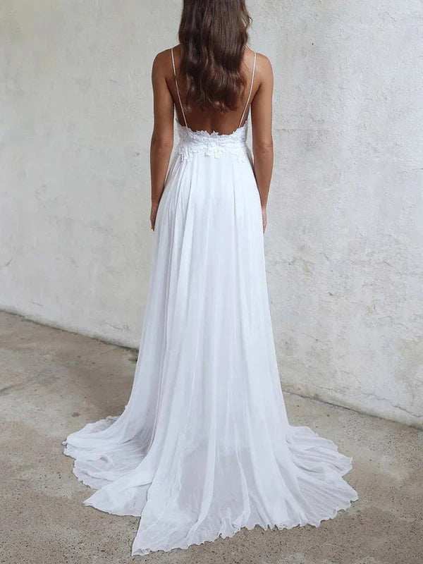 A-line Spaghetti Straps Ruffles Sweep Train 30D Chiffon Corset Wedding Dress