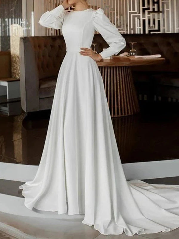 A-line Jewel Long Sleeves Court Train Charmeuse Wedding Dress