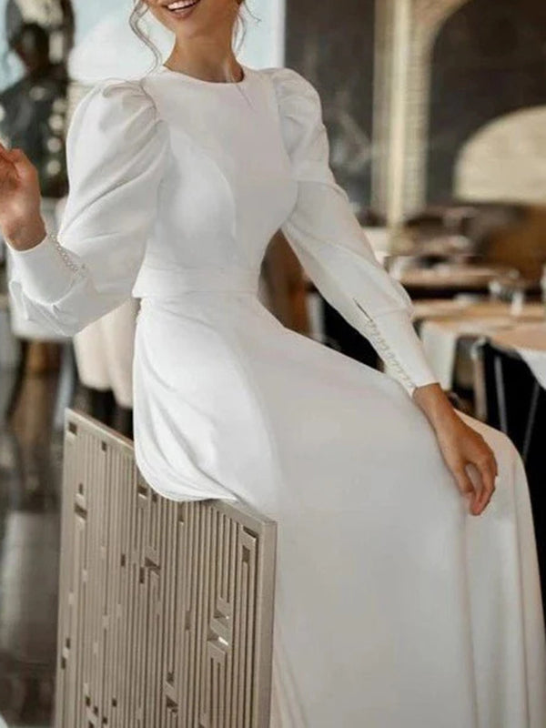A-line Jewel Long Sleeves Court Train Charmeuse Wedding Dress