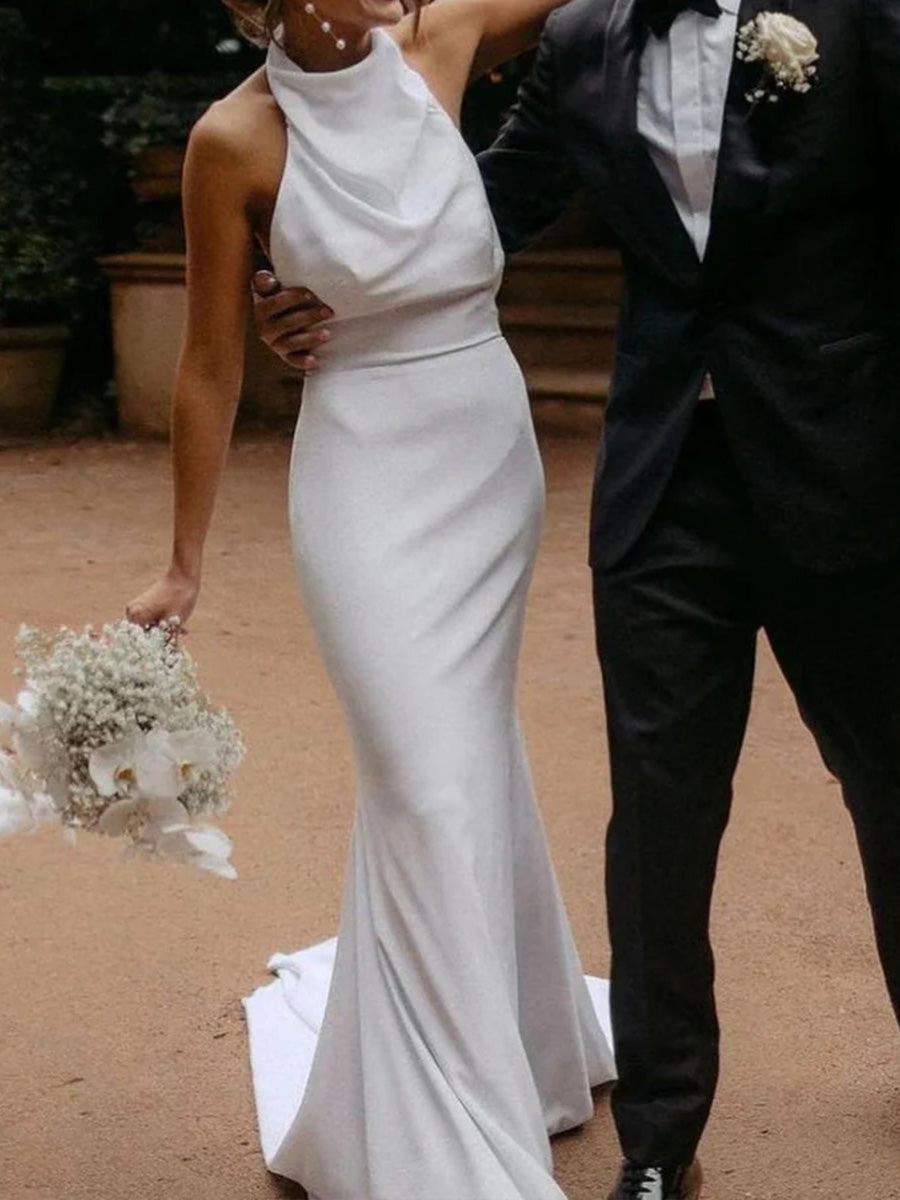 Sheath Halter Court Train Satin Chiffon Wedding Dress