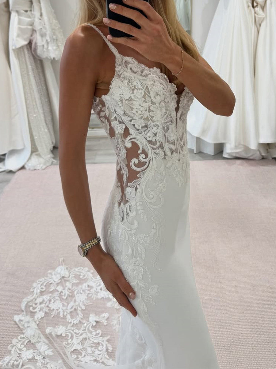 Sheath Spaghetti Straps Appliques Lace Cathedral Train Charmeuse Corset Wedding Dress