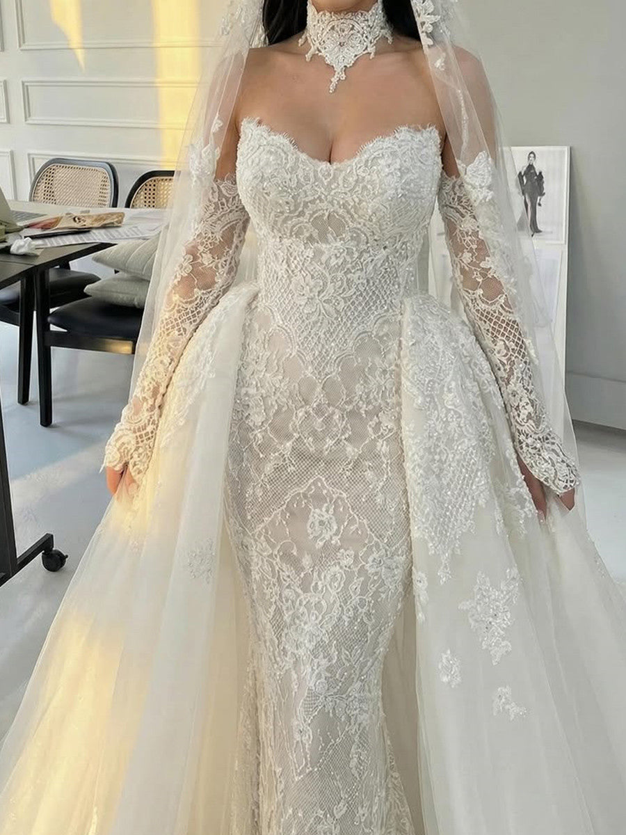 Sheath Sweetheart Long Sleeves Appliques Lace Court Train Tulle Corset Wedding Dress