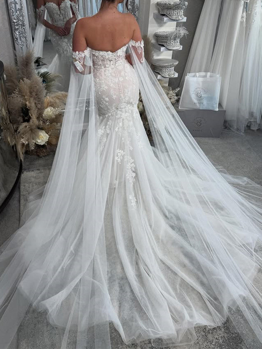 Mermaid Off-the-Shoulder Appliques Lace Chapel Train Tulle Corset Wedding Dress