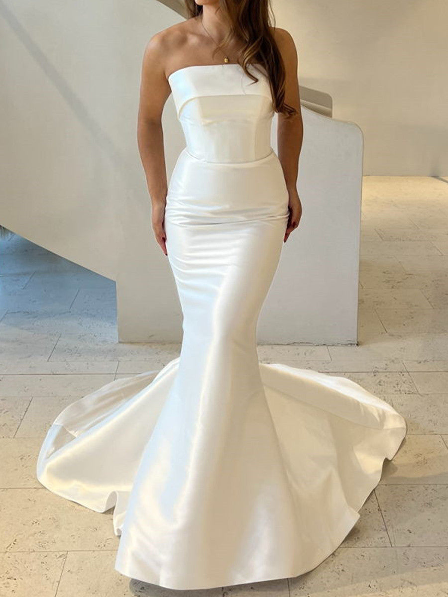 Mermaid Straight Pleated Cathedral Train Taffeta Corset Wedding Dress