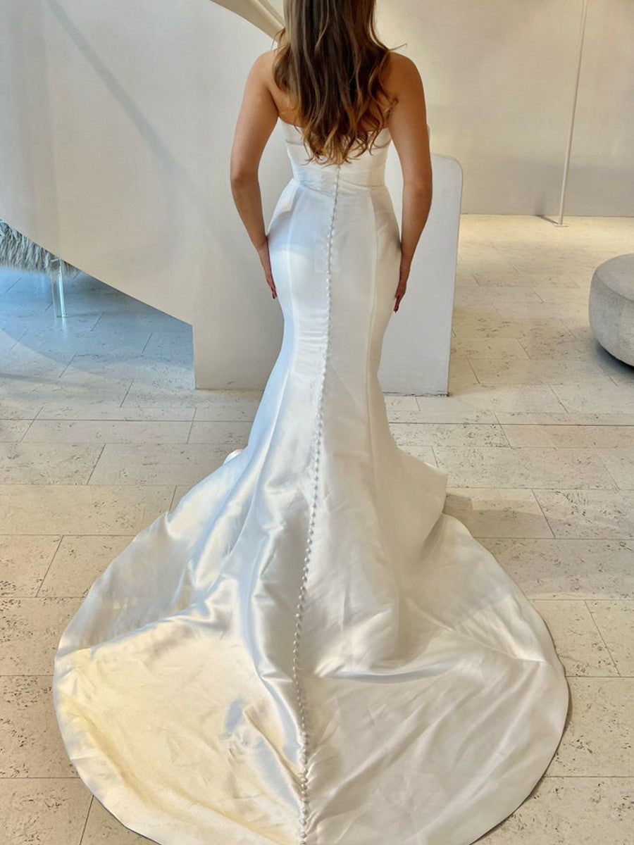 Mermaid Straight Pleated Cathedral Train Taffeta Corset Wedding Dress