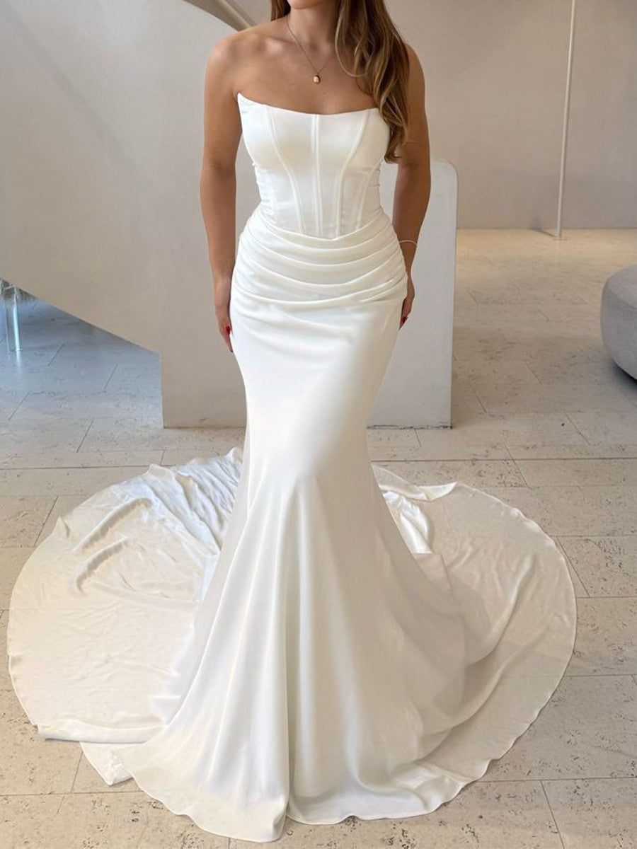 Sheath Straight Pleated Chapel Train Charmeuse Corset Wedding Dress