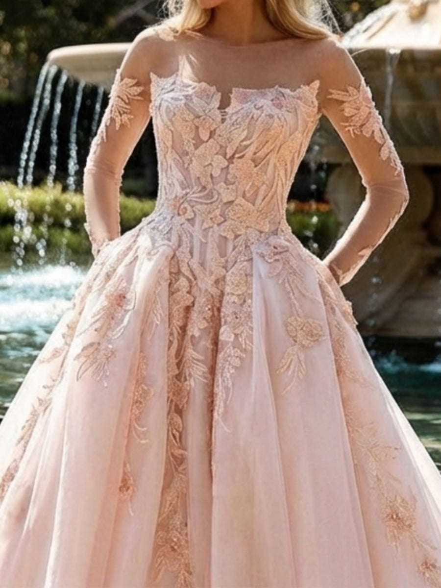 A-line/Princess Off-the-Shoulder Long Sleeves Appliques Lace Cathedral Train Tulle Wedding Dresses