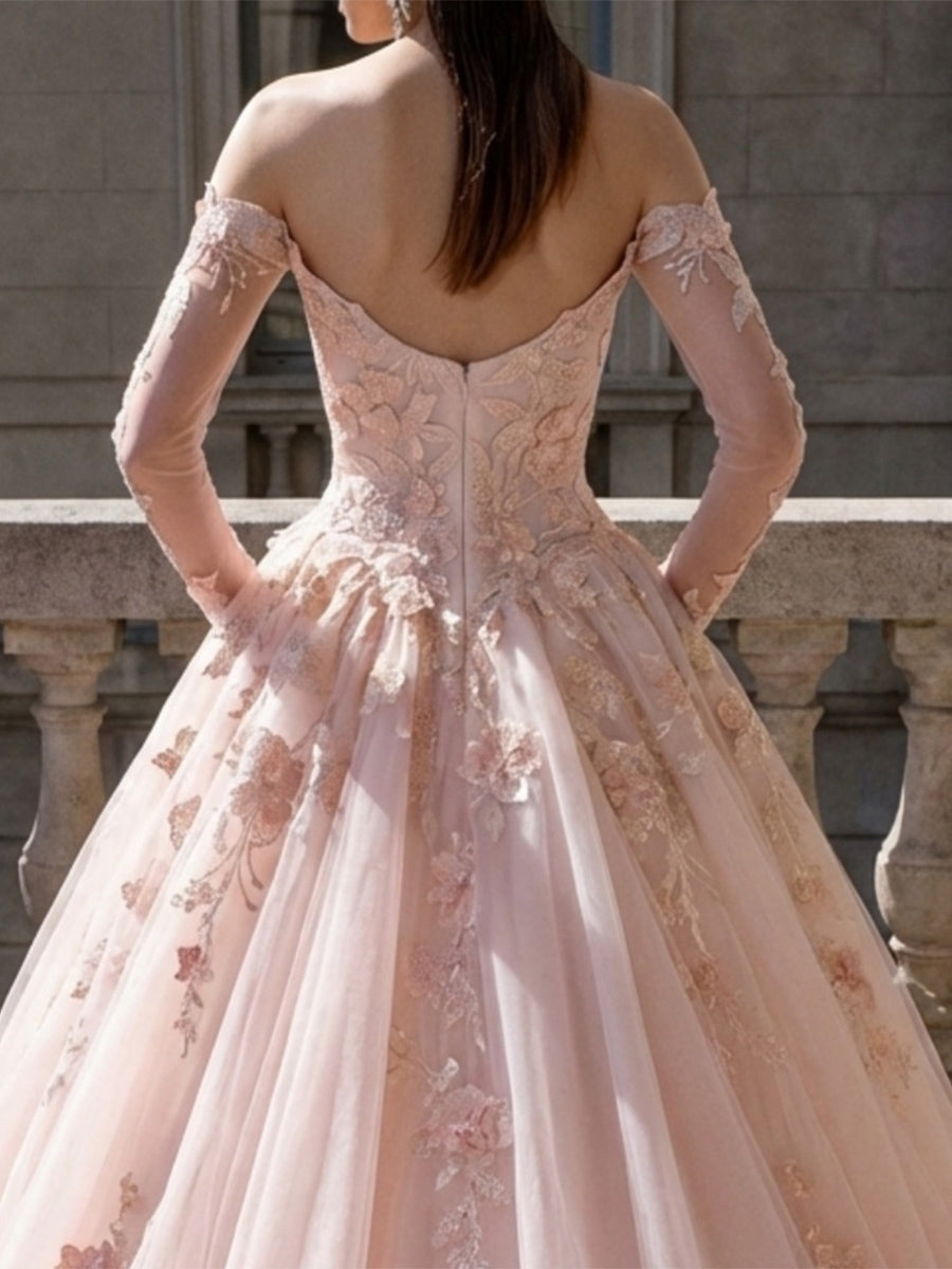 A-line/Princess Off-the-Shoulder Long Sleeves Appliques Lace Cathedral Train Tulle Wedding Dresses
