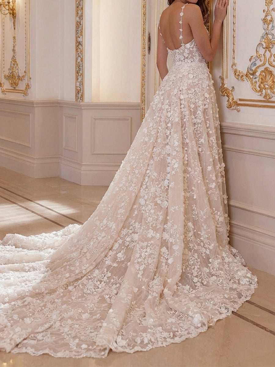 Trumpet/Mermaid Spaghetti Straps Appliques Lace Court Train Lace Wedding Dresses
