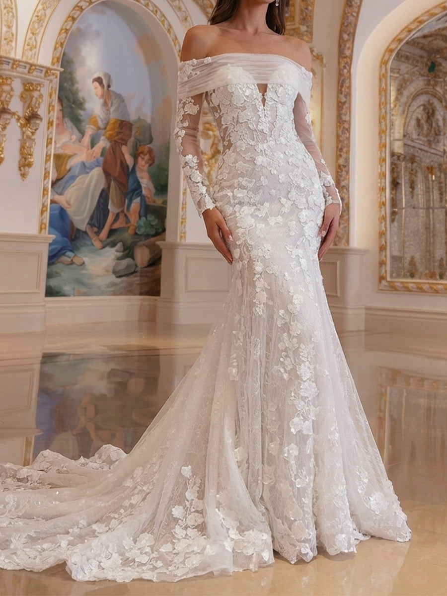 Trumpet/Mermaid Sweetheart Appliques Lace Chapel Train Lace Wedding Dresses
