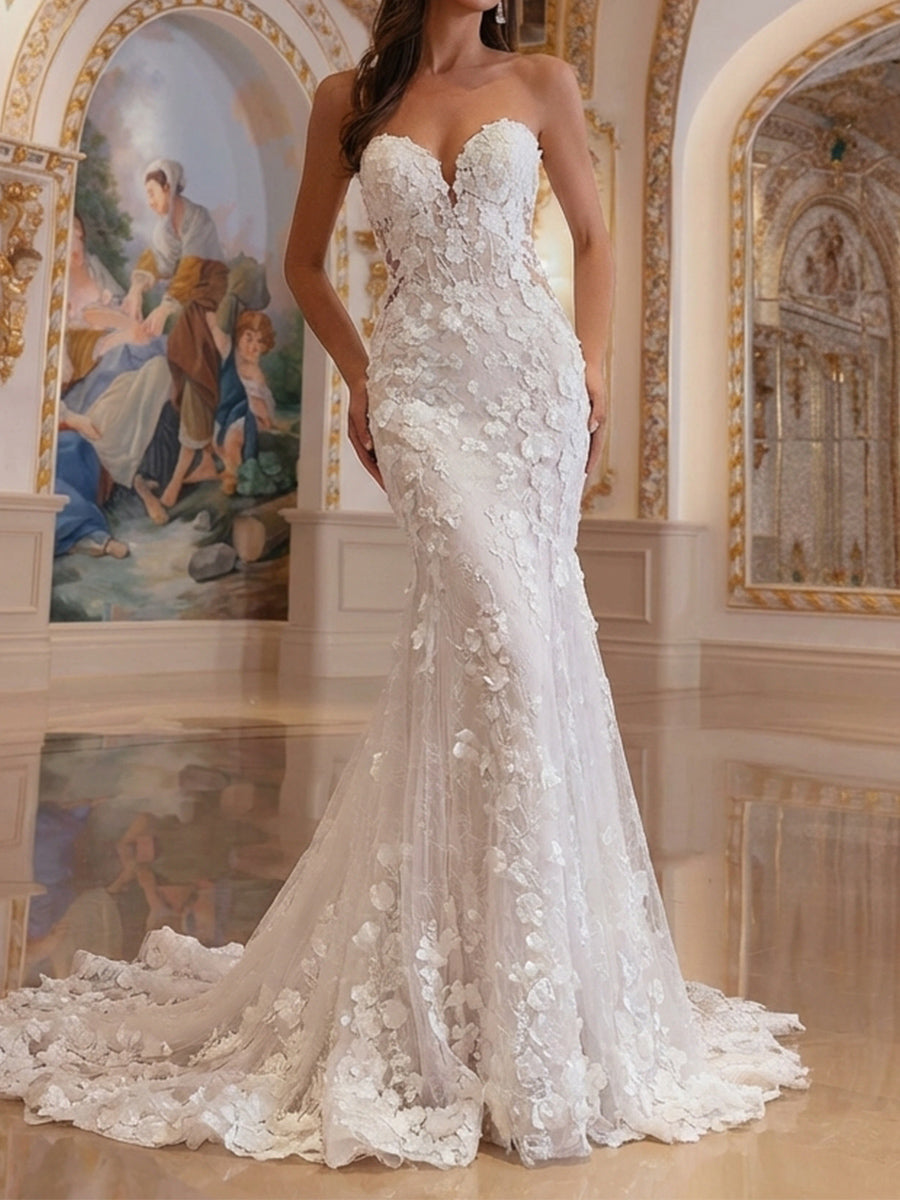Trumpet/Mermaid Sweetheart Appliques Lace Chapel Train Lace Wedding Dresses