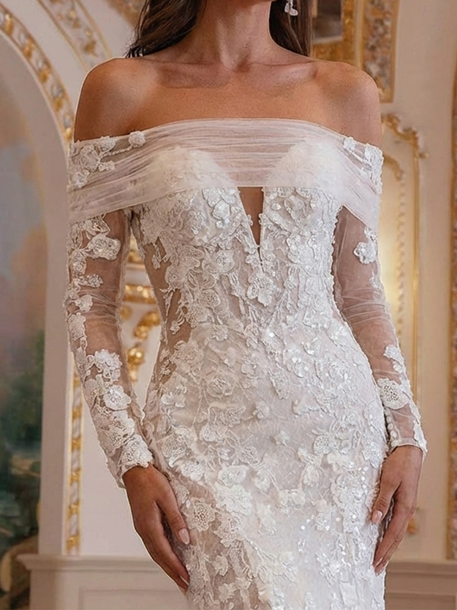 Trumpet/Mermaid Sweetheart Appliques Lace Chapel Train Lace Wedding Dresses