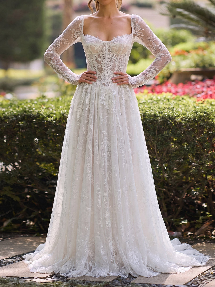 A-line/Princess Scoop Long Sleeves Appliques Lace Sweep Train Lace Wedding Dresses