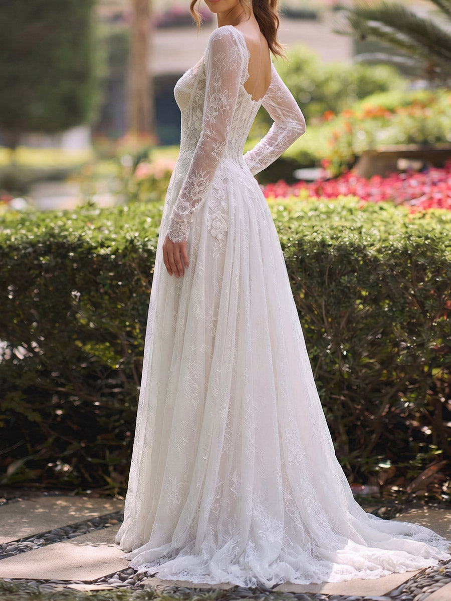 A-line/Princess Scoop Long Sleeves Appliques Lace Sweep Train Lace Wedding Dresses