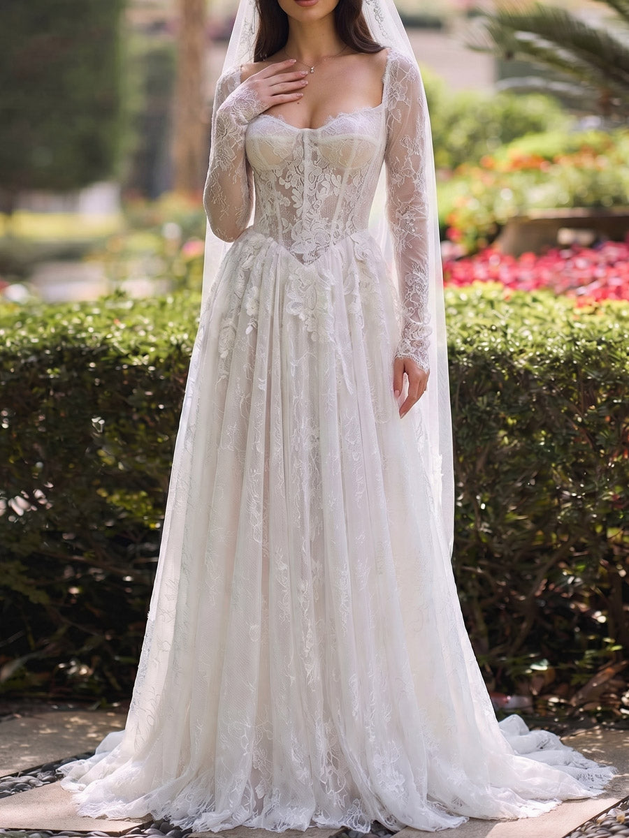 A-line/Princess Scoop Long Sleeves Appliques Lace Sweep Train Lace Wedding Dresses