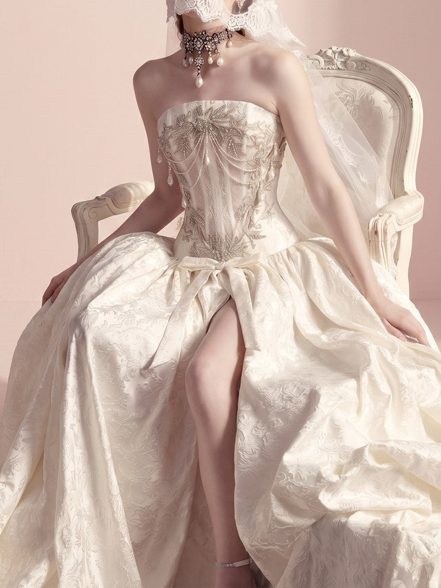 A-line/Princess Scoop Beading Sweep Train Satin Wedding Dresses