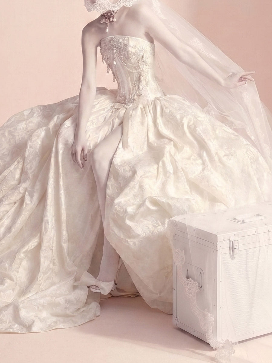 A-line/Princess Scoop Beading Sweep Train Satin Wedding Dresses