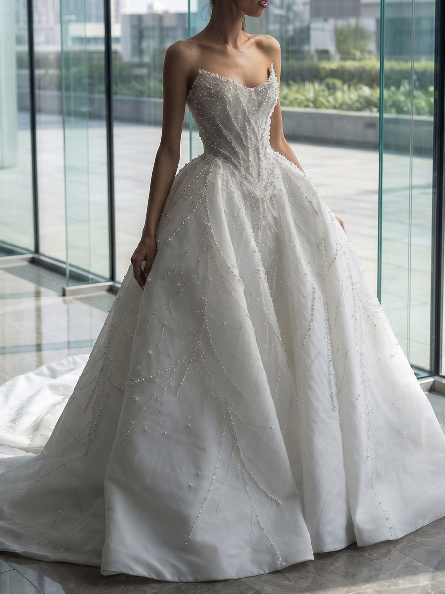 A-line/Princess Scoop Beading Court Train Stretch Crepe Wedding Dresses