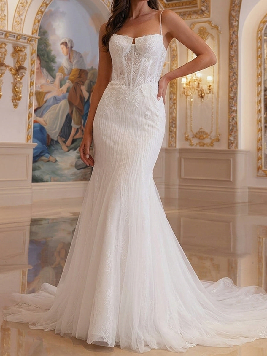 Trumpet/Mermaid Spaghetti Straps Appliques Lace Court Train Tulle Wedding Dresses