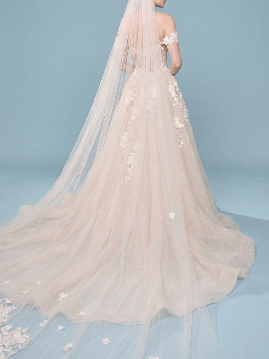 A-line/Princess Off-the-Shoulder Appliques Lace Court Train Lace Wedding Dresses