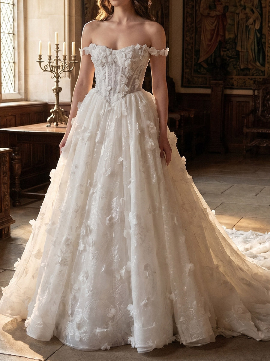 A-line/Princess Off-the-Shoulder Flower Sweep Train Tulle Wedding Dresses