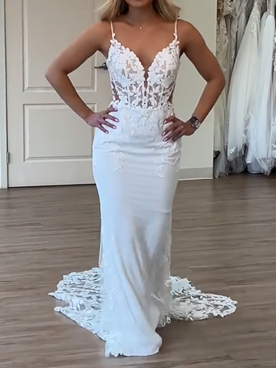 Sheath/Column Spaghetti Straps Appliques Lace Sweep Train Stretch Crepe Wedding Dresses