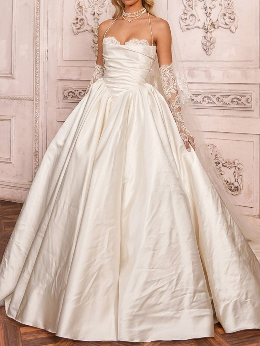 A-line/Princess Straight Pleated Court Train Charmeuse Wedding Dresses