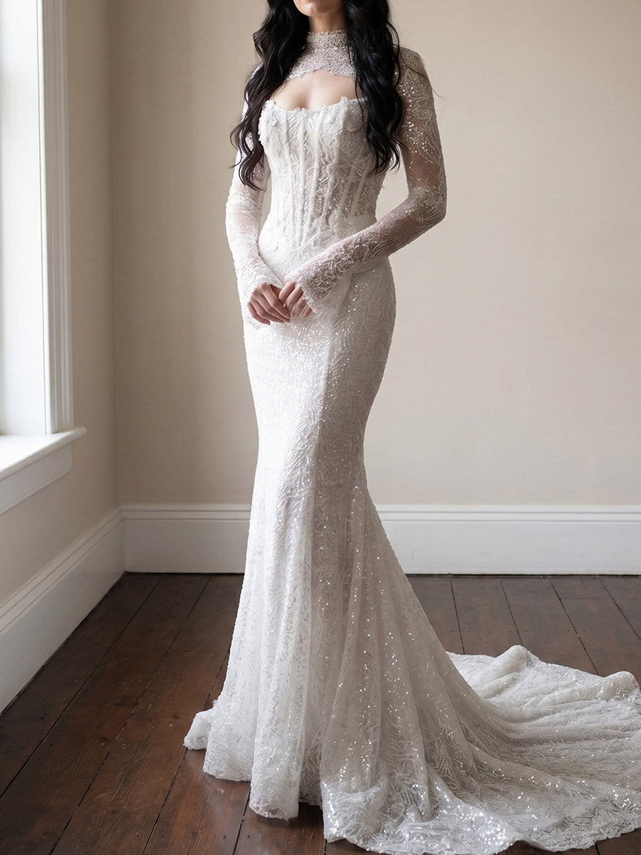 Sheath/Column Scoop Sequin Sweep Train Lace Wedding Dresses