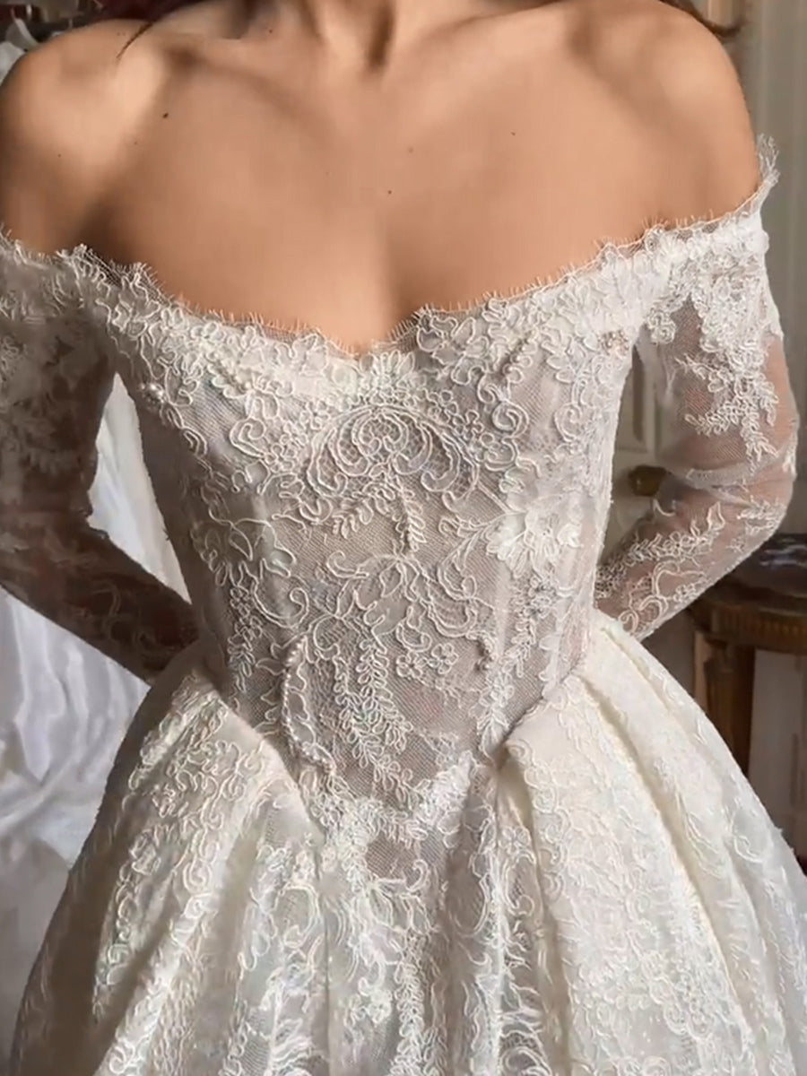 A-line/Princess Off-the-Shoulder Long Sleeves Appliques Lace Cathedral Train Lace Wedding Dresses