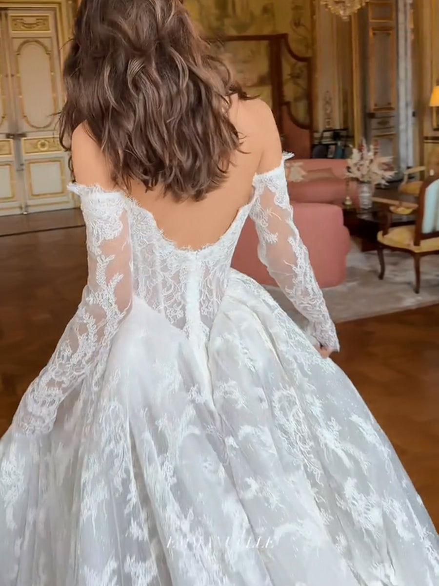 A-line/Princess Off-the-Shoulder Long Sleeves Appliques Lace Cathedral Train Lace Wedding Dresses