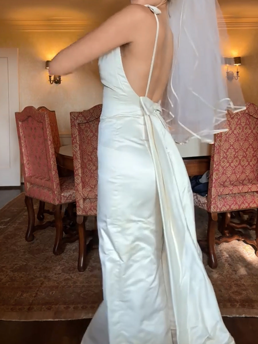 Sheath/Column Scoop Bow Ankle-Length Taffeta Wedding Dresses