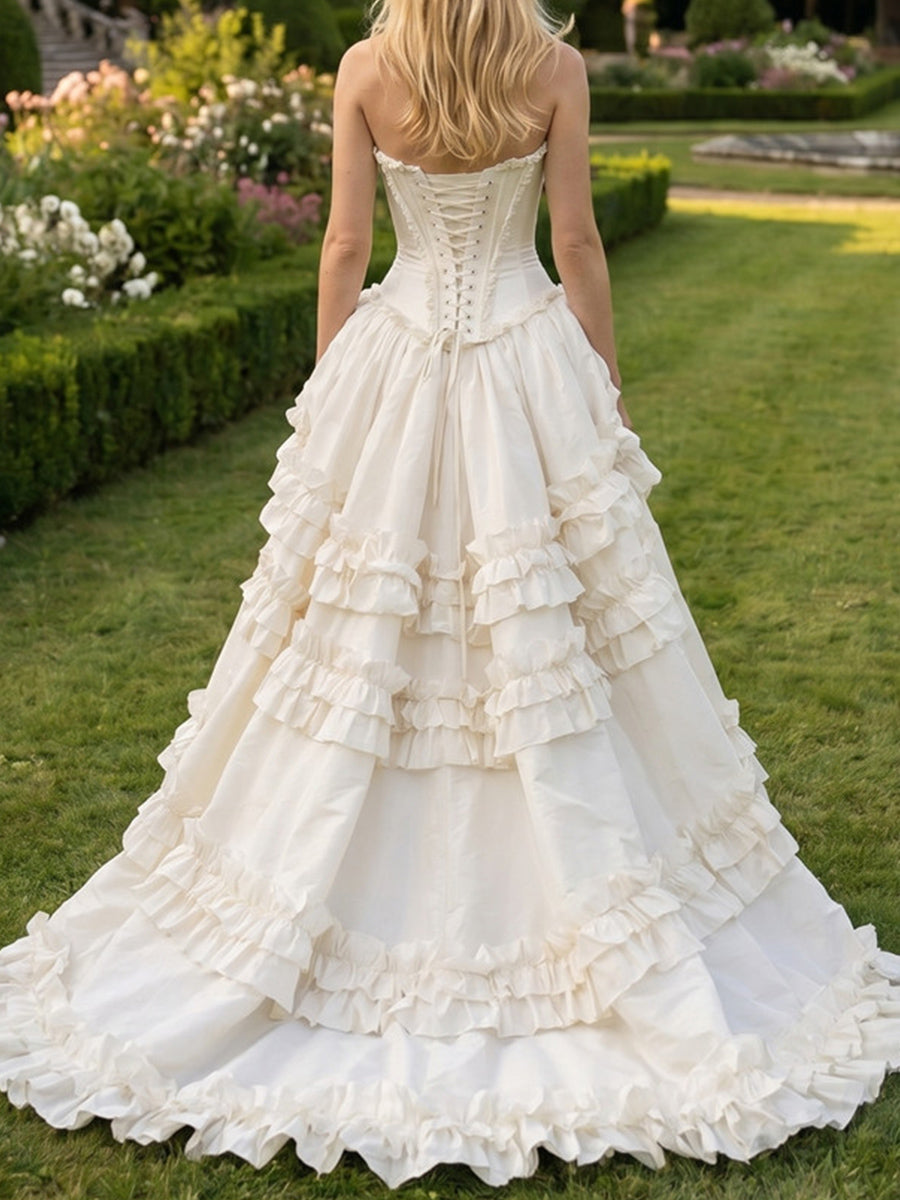 A-line/Princess Straight Ruffles Sweep Train Stretch Crepe Wedding Dresses