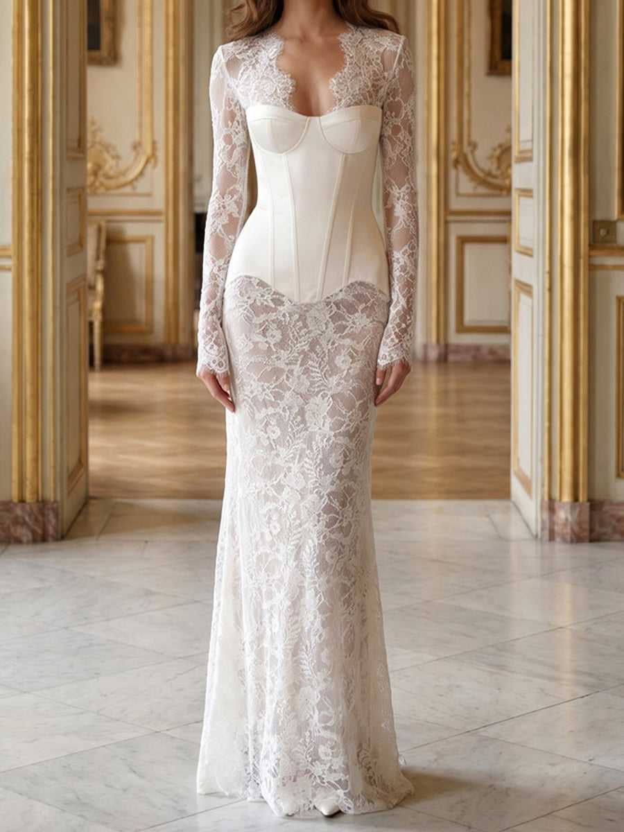 Sheath/Column V-neck Long Sleeves Appliques Lace Sweep Train Lace Wedding Dresses