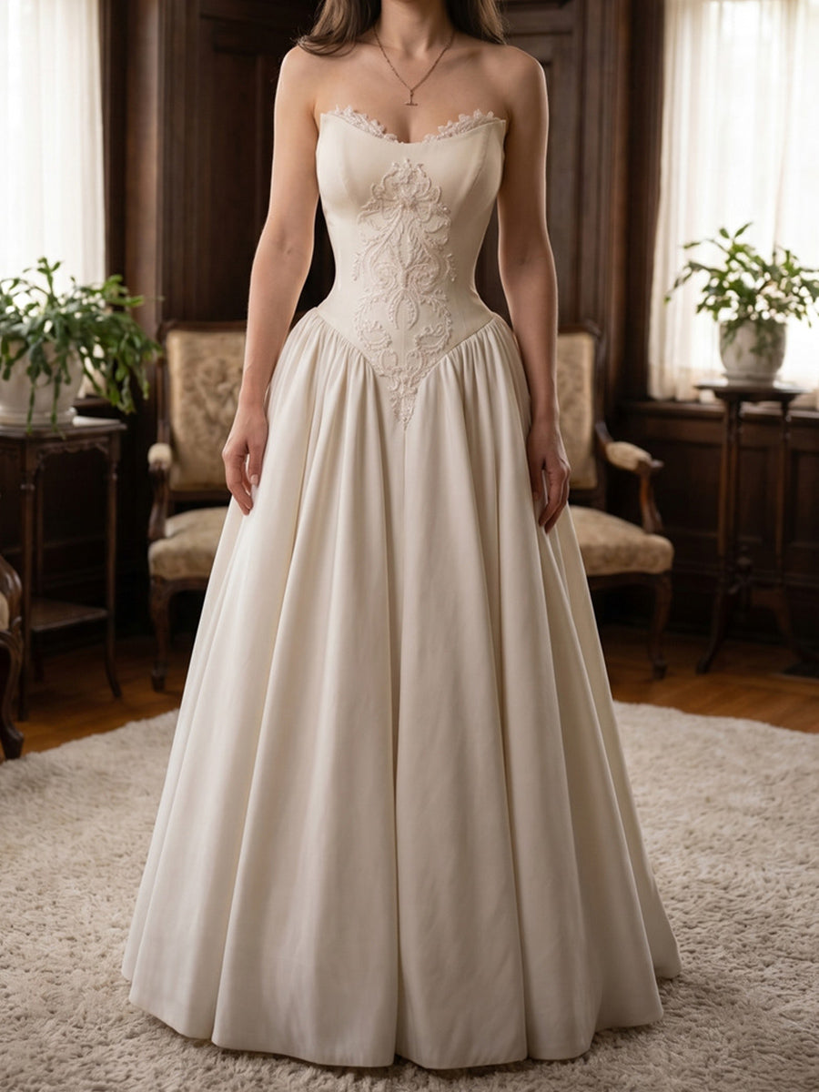 A-line/Princess Sweetheart Ruffles Floor-Length Satin Wedding Dresses