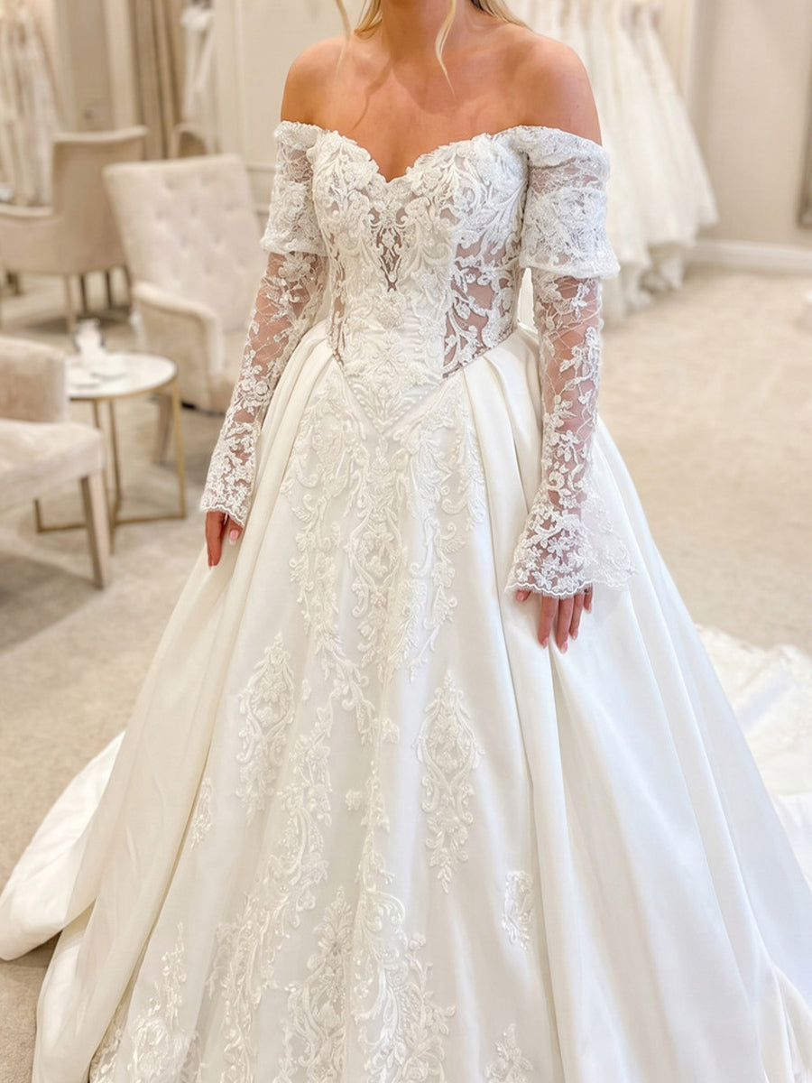 A-line/Princess Off-the-Shoulder Long Sleeves Appliques Lace Court Train Lace Wedding Dresses
