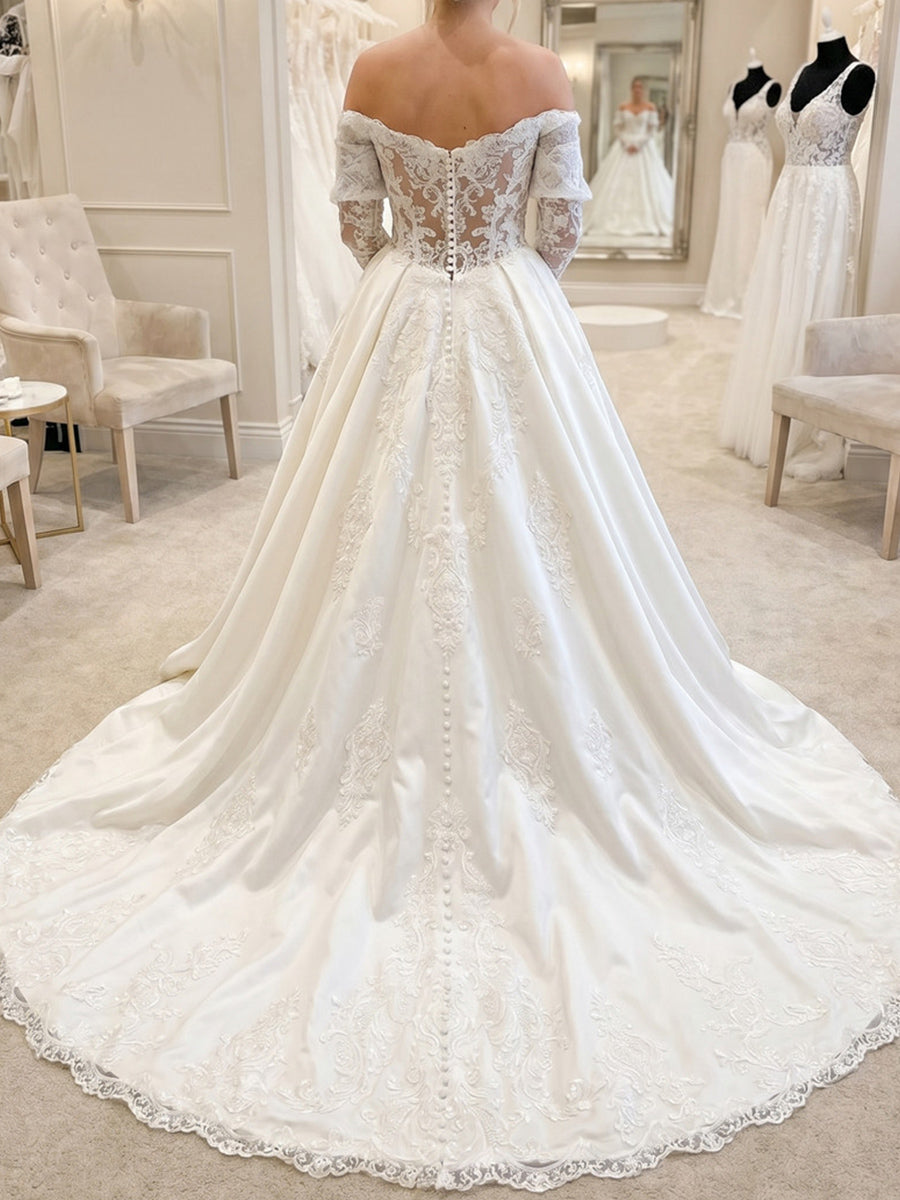 A-line/Princess Off-the-Shoulder Long Sleeves Appliques Lace Court Train Lace Wedding Dresses