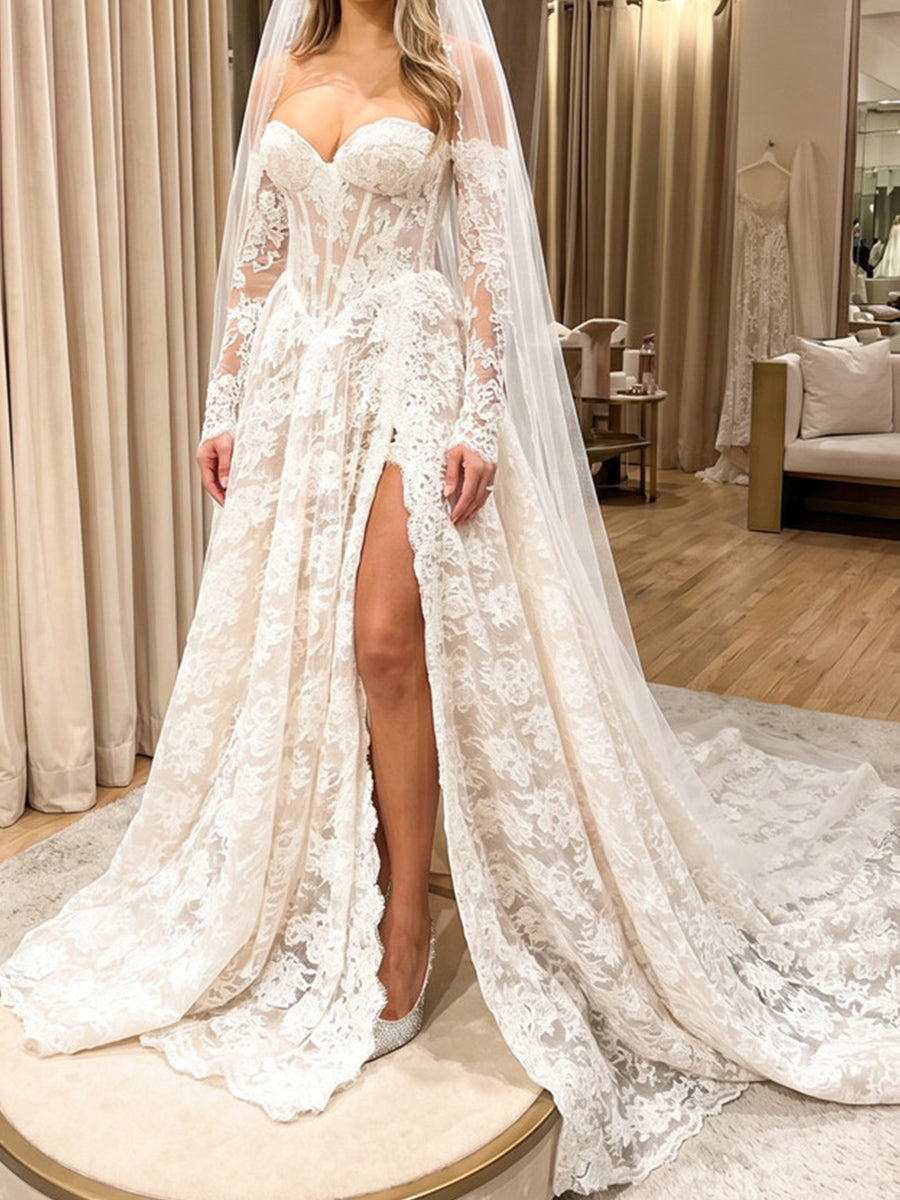 A-line/Princess Off-the-Shoulder Long Sleeves Appliques Lace Court Train Lace Wedding Dresses