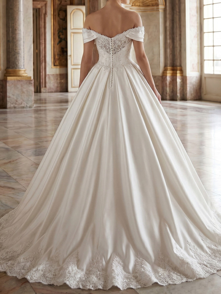 A-line/Princess Off-the-Shoulder Appliques Lace Court Train Satin Wedding Dresses
