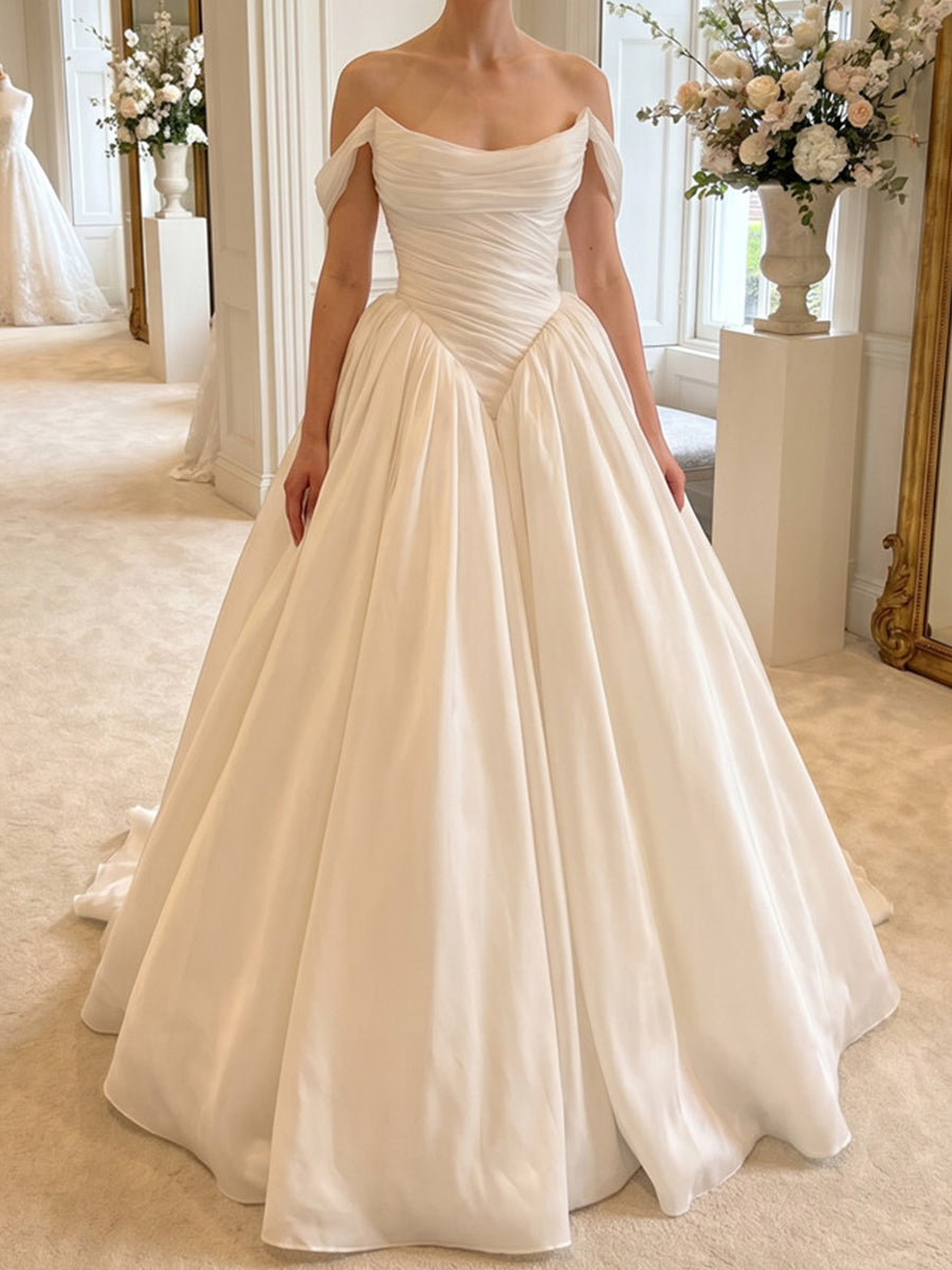 A-line/Princess Off-the-Shoulder Pleated Court Train Satin Wedding Dresses