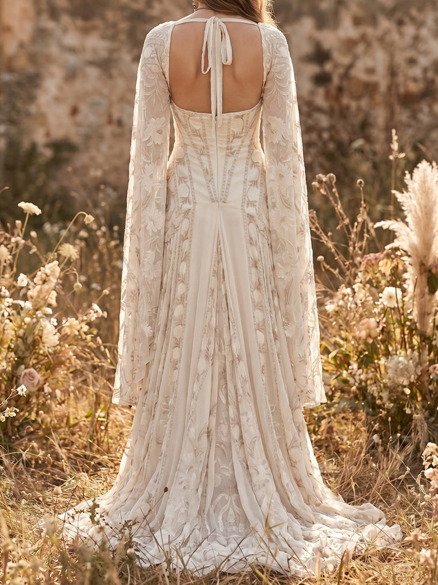 Sheath/Column Straight Appliques Lace Sweep Train Lace Wedding Dresses