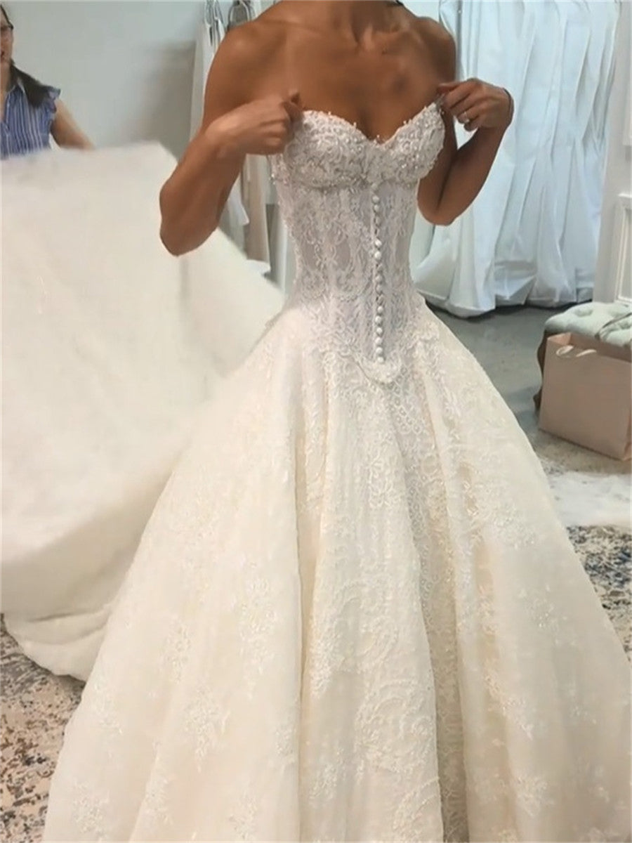 Ball-Gown Sweetheart Appliques Lace Cathedral Train Lace Wedding Dresses