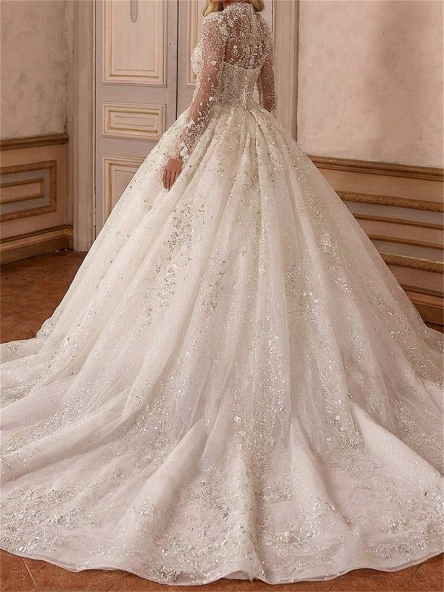 Ball-Gown Straight Sequin Chapel Train Tulle Wedding Dresses