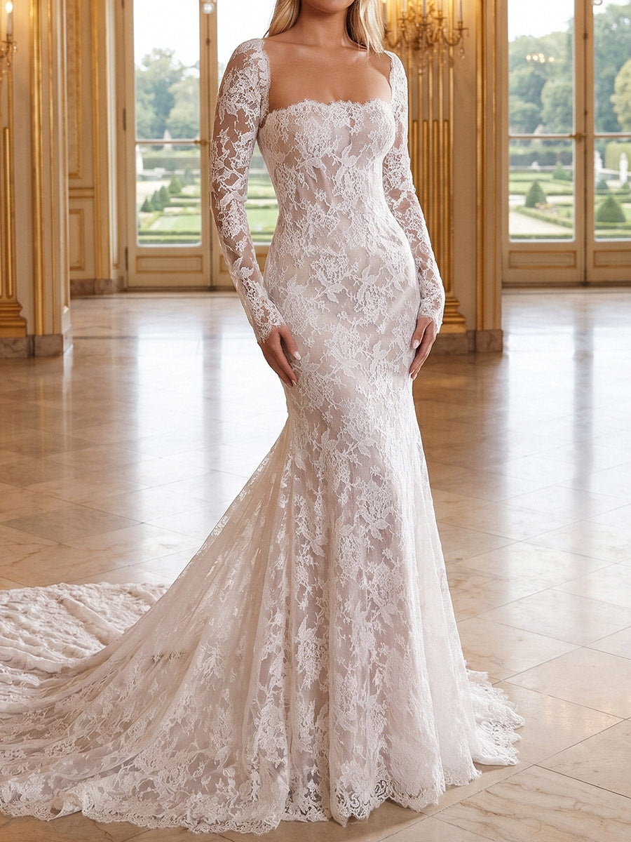 Sheath/Column Straight Long Sleeves Appliques Lace Court Train Lace Wedding Dresses