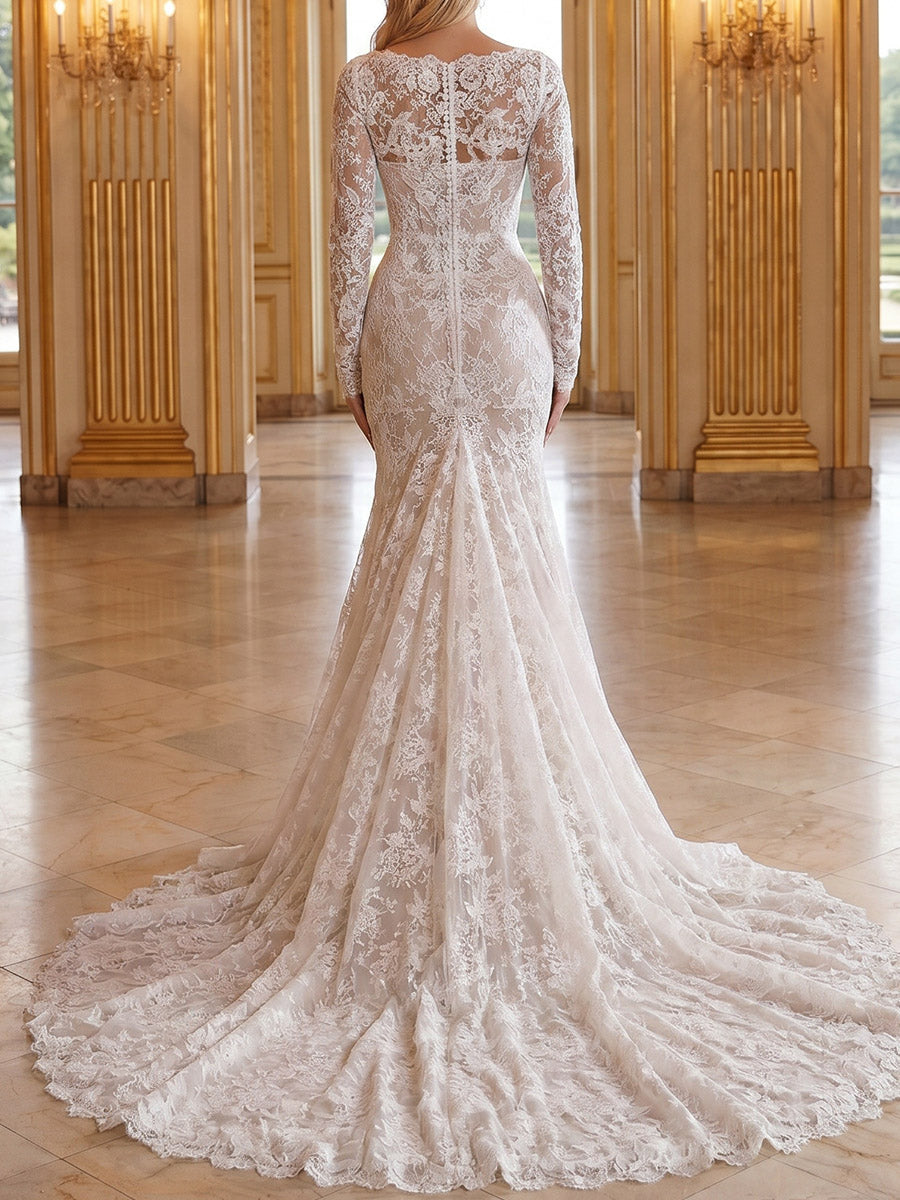 Sheath/Column Straight Long Sleeves Appliques Lace Court Train Lace Wedding Dresses