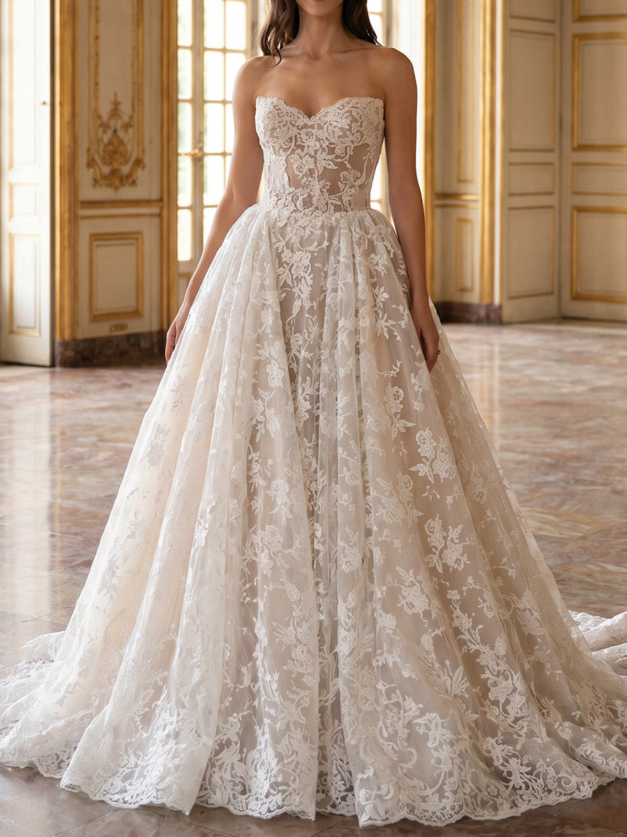 A-line/Princess Sweetheart Appliques Lace Sweep Train Lace Wedding Dresses