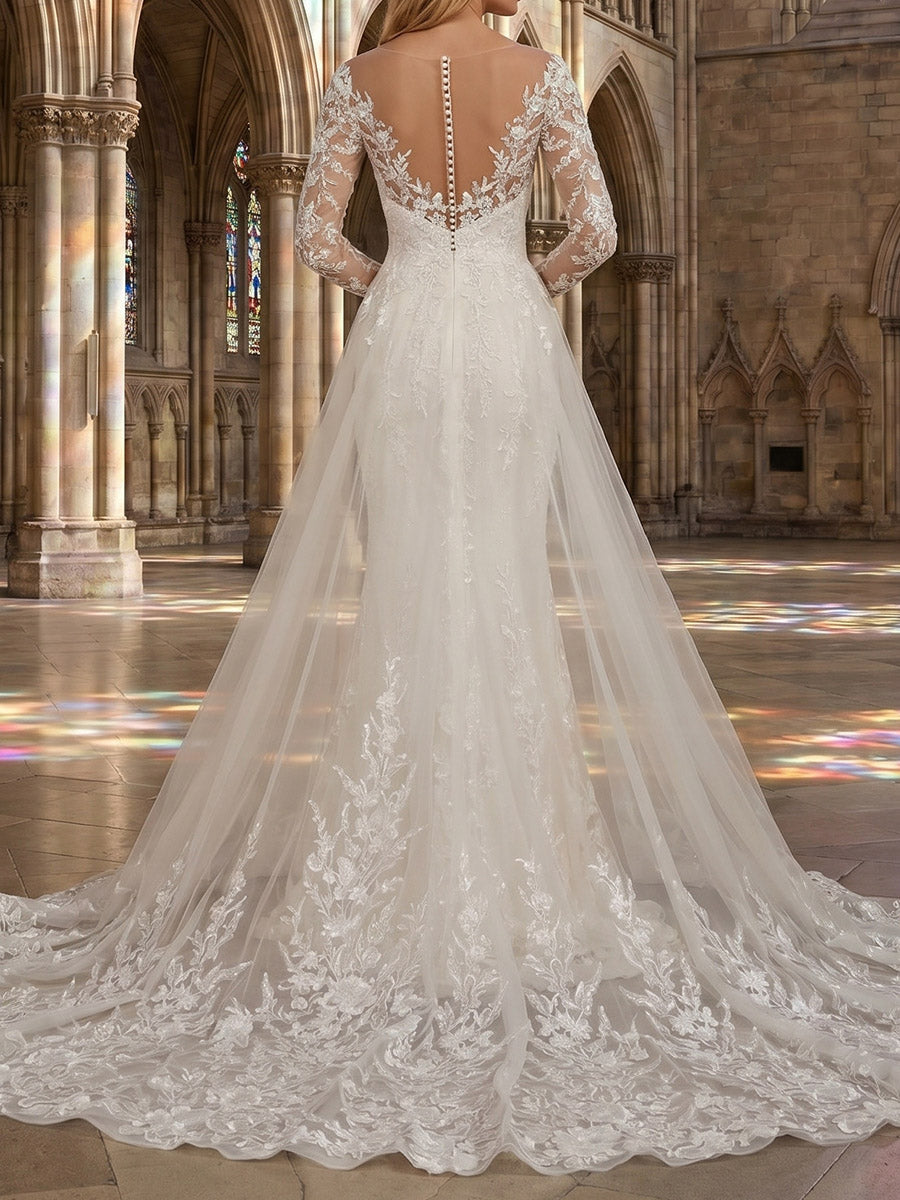Sheath/Column V-neck Long Sleeves Appliques Lace Court Train Lace Wedding Dresses