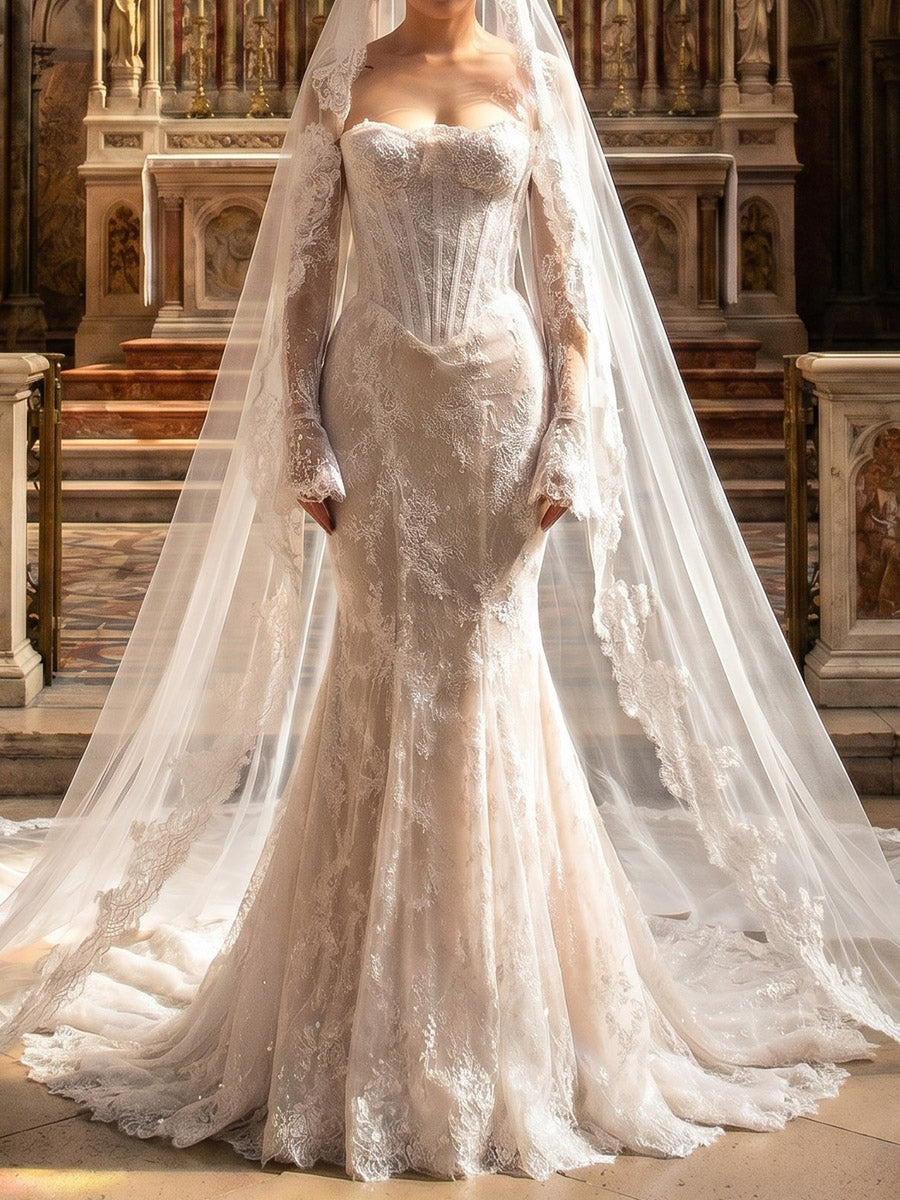 Sheath/Column Straight Long Sleeves Appliques Lace Court Train Lace Wedding Dresses