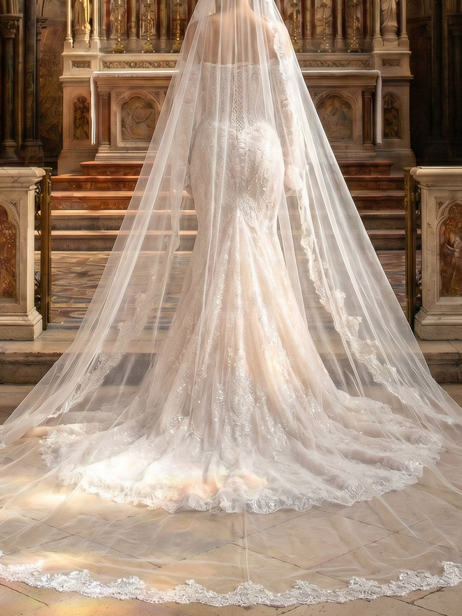 Sheath/Column Straight Long Sleeves Appliques Lace Court Train Lace Wedding Dresses
