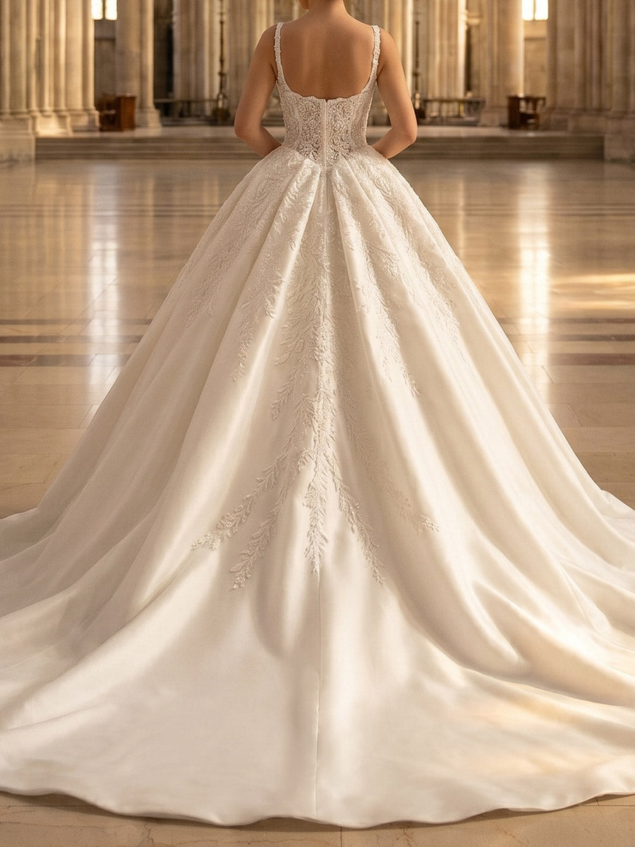 A-line/Princess Square Beading Court Train Satin Wedding Dresses