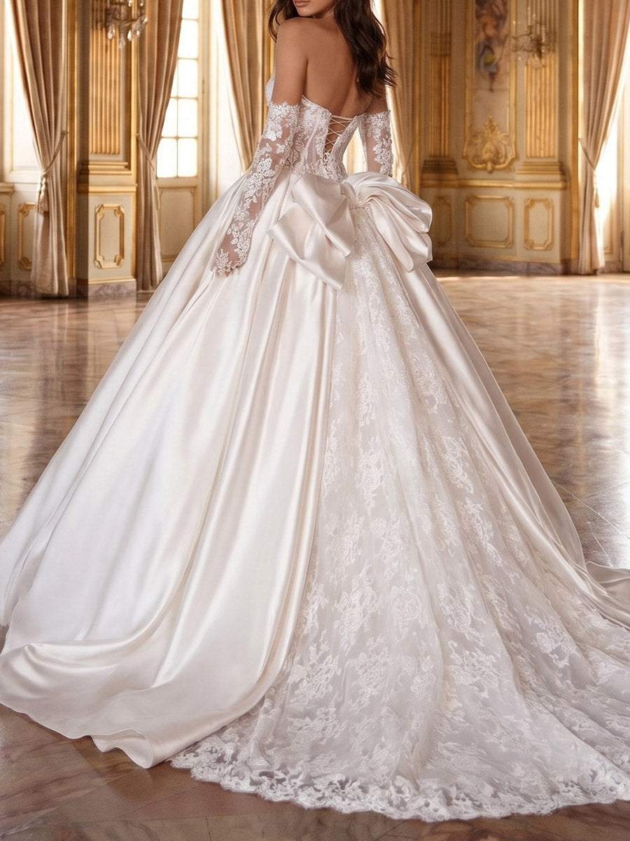 A-line/Princess Straight Bow Sweep Train Satin Wedding Dresses